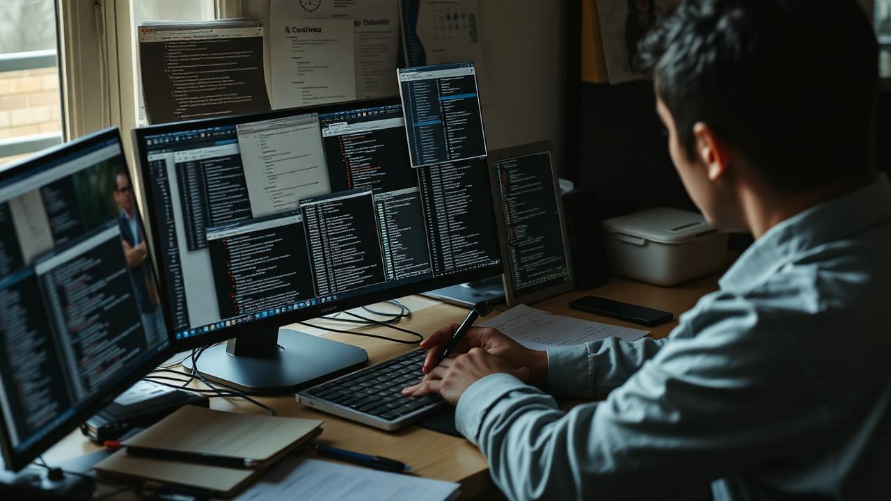 Person manually saving web pages one by one, downloading files individually, editing code in text editor