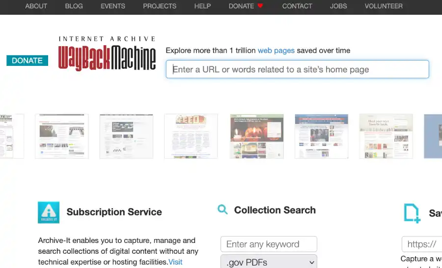 Wayback Machine interface showing archived web pages