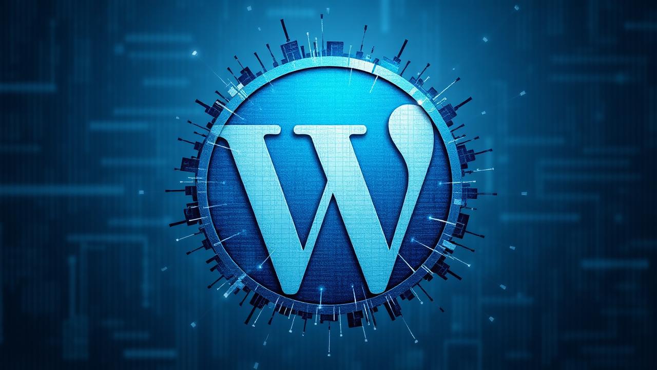 WordPress website restoration concept showing a WordPress logo being recovered from archive data with digital restoration effects